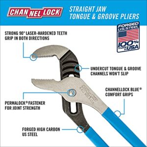 Channellock 440 Tongue and Groove Pliers | 12-Inch Straight Jaw Groove Joint Plier with Comfort Grips | 2.25-Inch Jaw Capacity | Laser Heat-Treated 90° Teeth| Forged High Carbon Steel | Made in USA, Black, Blue, Silver