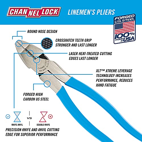 Channellock 369 9.5-Inch Lineman's Pliers | Xtreme Leverage Technology (XLT) Requires Less Force to Cut than Other High-Leverage Models | Forged from High Carbon Steel | Made in the USA, Blue Handle