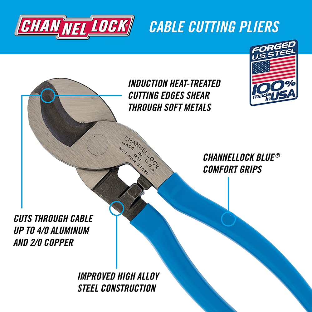 Channellock Cable Cutter, Shear Cut, 9-1/2 In