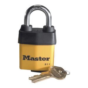 master lock 911dpf heavy duty outdoor padlock with key, 1 pack, yellow