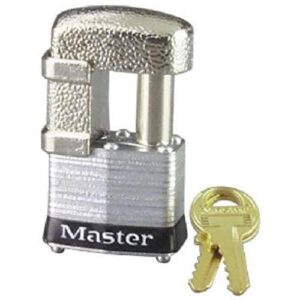 master lock 37d shrouded laminated steel pin tumbler padlock, keyed different, 1-9/16-inch wide body, shackle fits 9/32-inch or 1/2-inch diameter,silver