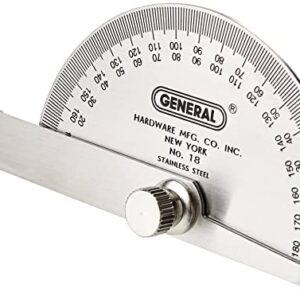 General Tools 18 Round Head Stainless Steel Angle Protractor, 0 to 180 Degrees, 6-Inch Arm