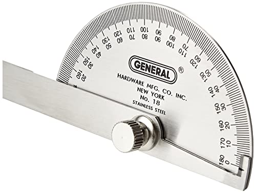 General Tools 18 Round Head Stainless Steel Angle Protractor, 0 to 180 Degrees, 6-Inch Arm