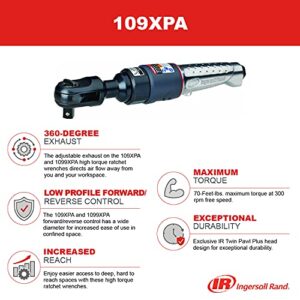 Ingersoll Rand 109XPA 3/8” Drive Air Ratchet Wrench, 70 ft lbs Max Torque Output, 300 RPM, 360 Degree Adjustable Exhaust, Low Profile Forward/Reverse Control, Silver/ Black