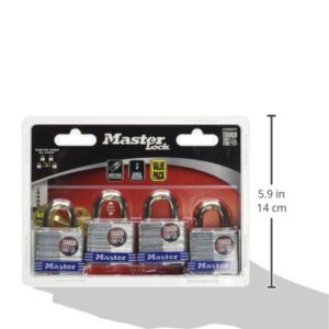 Master Lock 3008D Outdoor Padlock with Key, Pack of 4 Keyed-Alike Silver 1-1/2 Inch