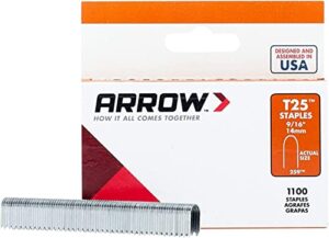 arrow 259 t25 heavy duty steel staples for installing low voltage wires and cables, use with holiday lights, doorbells, alarm systems, 1100-pack, 9/16-inch leg length, 5/16-inch crown width
