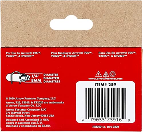 Arrow 259 T25 Heavy Duty Steel Staples for Installing Low Voltage Wires and Cables, Use with Holiday Lights, Doorbells, Alarm Systems, 1100-Pack, 9/16-Inch Leg Length, 5/16-Inch Crown Width