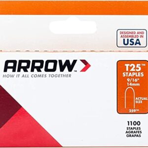 Arrow 259 T25 Heavy Duty Steel Staples for Installing Low Voltage Wires and Cables, Use with Holiday Lights, Doorbells, Alarm Systems, 1100-Pack, 9/16-Inch Leg Length, 5/16-Inch Crown Width