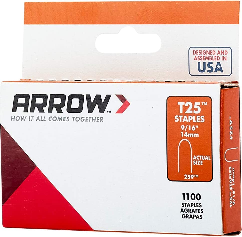 Arrow 259 T25 Heavy Duty Steel Staples for Installing Low Voltage Wires and Cables, Use with Holiday Lights, Doorbells, Alarm Systems, 1100-Pack, 9/16-Inch Leg Length, 5/16-Inch Crown Width