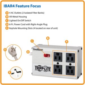 Tripp Lite Isobar 4 Outlet Surge Protector Power Strip, 6ft. Cord, Right Angle Plug, 3330 Joules, Metal, IBAR4-6D, Gray