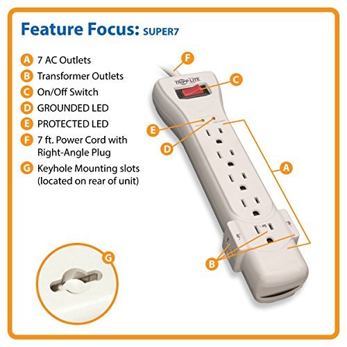 Tripp Lite 7 Outlet Surge Protector Power Strip, 7ft Cord, Right Angle Plug, 2160 Joules, & $75,000 INSURANCE (SUPER7) Ivory