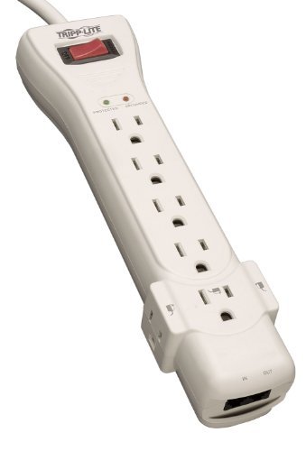 Tripp Lite 7 Outlet Surge Protector Power Strip, 7ft Cord, Right Angle Plug, 2160 Joules, & $75,000 INSURANCE (SUPER7) Ivory