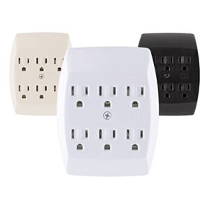 ge home electrical 6-outlet extender wall tap, grounded adapter, charging station, 3-prong, secure install, ul listed, white, 54947, 1 pack