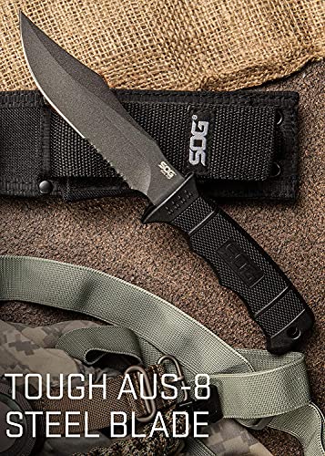 SOG Fixed Blade Knives - Seal Pup Tactical Knife Survival Knife and Hunting Knife w/ 4.75 Inch Blade and MOLLE Knife Sheath & GRN Grip (M37N-CP) , black