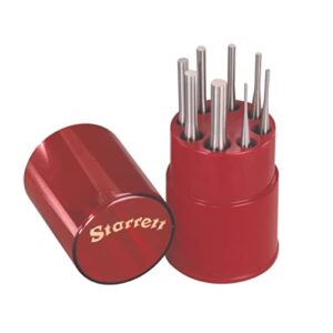 starrett drive pin punch set with knurled grip in round red plastic box - 4" length, 1/16", 3/32", 1/8", 5/32", 3/16", 7/32", 1/4", 5/16" punch diameter, set of 8 - s565wb