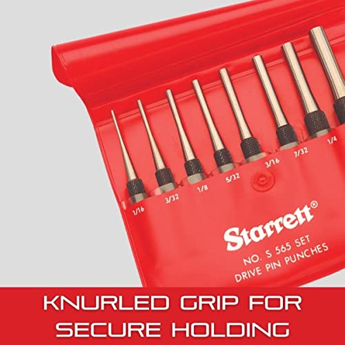 Starrett Drive Pin Punch Set with Knurled Grip in Round Red Plastic Box - 4" Length, 1/16", 3/32", 1/8", 5/32", 3/16", 7/32", 1/4", 5/16" Punch Diameter, Set of 8 - S565WB
