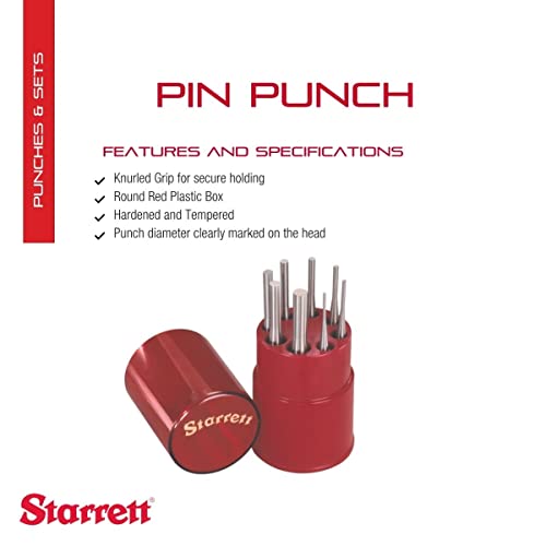 Starrett Drive Pin Punch Set with Knurled Grip in Round Red Plastic Box - 4" Length, 1/16", 3/32", 1/8", 5/32", 3/16", 7/32", 1/4", 5/16" Punch Diameter, Set of 8 - S565WB