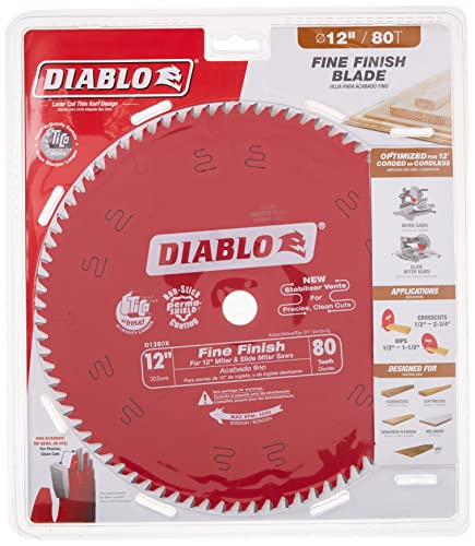 Freud D1280X Diablo 12-Inch 80 Tooth ATB Crosscutting Saw Blade with 1-Inch Arbor, Red