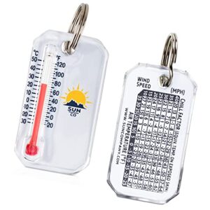 sun company original zip-o-gage - zipper pull thermometer for jacket, parka, or backpack | mini outdoor keychain thermometer with windchill chart on back