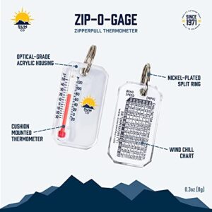 Sun Company Original Zip-o-gage - Zipper Pull Thermometer for Jacket, Parka, or Backpack | Mini Outdoor Keychain Thermometer with Windchill Chart on Back