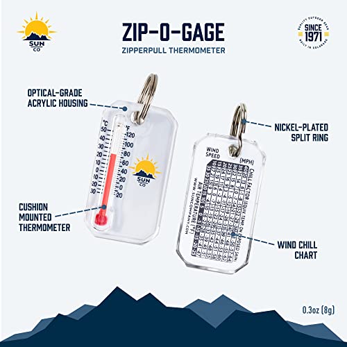 Sun Company Original Zip-o-gage - Zipper Pull Thermometer for Jacket, Parka, or Backpack | Mini Outdoor Keychain Thermometer with Windchill Chart on Back