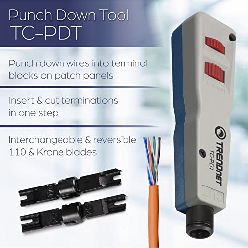 TRENDnet Punch Down Tool With 110 And Krone Blade, Insert & Cut Terminations In One Operation, Precision Blades Are Interchangeable & Reversible, Network Punch Tool, Grey, TC-PDT,White