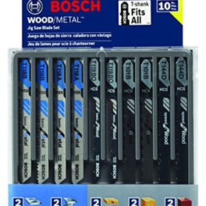 BOSCH T5002 T-Shank Multi-Purpose Jigsaw Blades, 10 Piece, Assorted, Jig Saw Blade Set for Cutting Wood and Metal