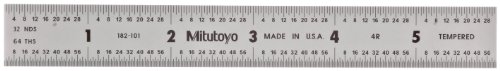 Mitutoyo 182-101, Steel Rule, 6" (4R), (1/8, 1/16, 1/32, 1/64"), 3/64" Thick X 3/4" Wide, Satin Chrome Finish Tempered Stainless Steel