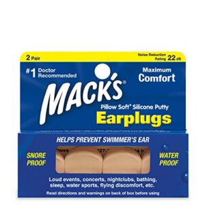 mack's pillow soft silicone earplugs – 2 pair, beige – the original moldable silicone putty ear plugs for sleeping, snoring, swimming, travel, concerts and studying | made in usa