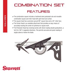 Starrett Combination Set with Square, Center and Reversible Protractor Head and Blade - 12" Blade Length, Cast Iron Heads, Reversible Lock Bolts, 4R Graduation - 435-12-4R