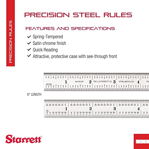 Starrett Spring Tempered Steel Rules with Satin Chrome Finish, Quick Reading and Inch Graduations - 6" Length, 16R Graduation Type, 3/64" Thickness - C616R-6