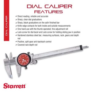 Starrett Starrett 120 Series Stainless Steel Dial Caliper with Lock Screw and Fitted Plastic Case - Red Face, 0-6" Range, 001" Graduations, .001" Accuracy - R120A-6