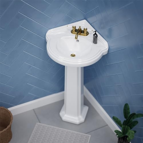 Portsmouth 22 Inch Corner Pedestal Bathroom Sink Small White - Overflow and Pre-Drilled 4 in. Centerset Faucet Holes - Grade A Porcelain Easy Clean and Install Renovators Supply Manufacturing