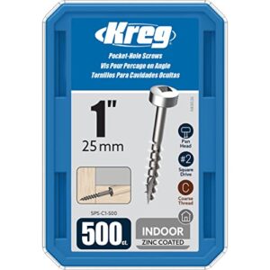kreg sps-c1-500 zinc pocket screws, 1-inch, 7 coarse thread, pan head (500 count)