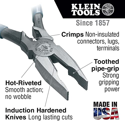 Klein Tools 12098 High Leverage Universal Lineman Combination Pliers with Crimping Die, Toothed Pipe Grip, Induction Hardened Knives, 8-Inch