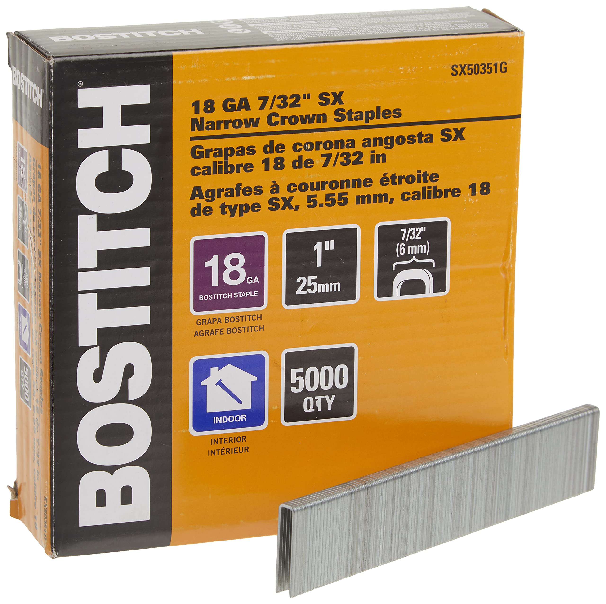 BOSTITCH Crown Staples, Narrow, 1 x 7/32-Inch, 18GA, 5000-Pack (SX50351G)