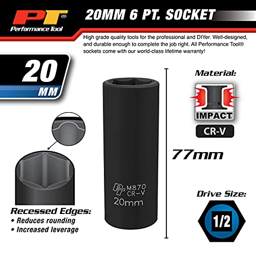 Performance Tool M870 1/2 Drive 6pt Impact Socket, 20mm