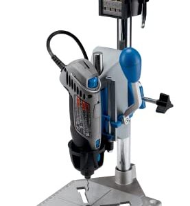 Dremel Drill Press Rotary Tool Workstation Stand with Wrench- 220-01- Mini Portable Press- Holder- 2 Inch Depth- Ideal for Drilling Perpendicular and Angled Holes- Table Top , Silver