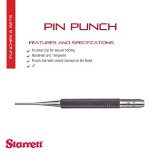 Starrett Drive Pin Punch with Knurled Grip for Driving Pins Into or Out of a Workpiece - Hardened and Tempered Steel, 4" Length, 1/16" Punch Diameter - 565A