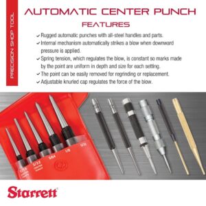 Starrett Steel Automatic Center Punch with Adjustable Stroke - 5" (125mm) Length, 9/16" (14mm) Punch Diameter, Lightweight, Knurled Steel Handle - 18A