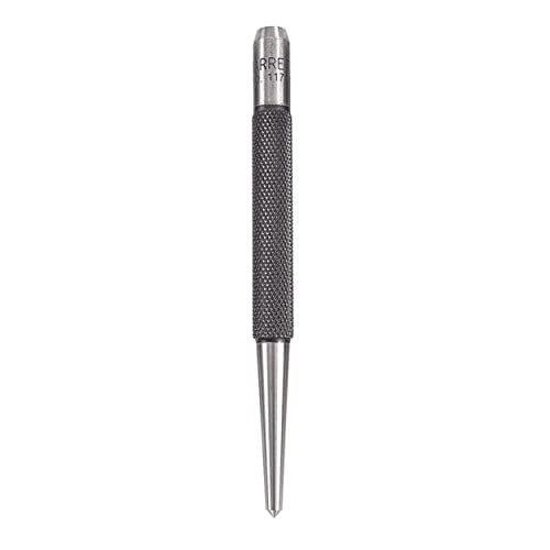 Starrett Steel Center Punch with Round Shank and Knurled Finger Grip - Hardened and Tempered, 4" (100mm) Length, 1/8" (3mm) Diameter Tapered Point