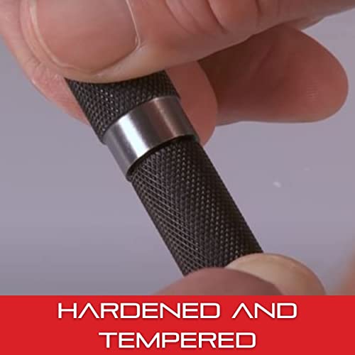 Starrett Steel Center Punch with Round Shank and Knurled Finger Grip - Hardened and Tempered, 4" (100mm) Length, 1/8" (3mm) Diameter Tapered Point