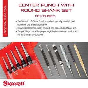 Starrett Steel Center Punch with Round Shank and Knurled Finger Grip - Hardened and Tempered, 4" (100mm) Length, 1/8" (3mm) Diameter Tapered Point