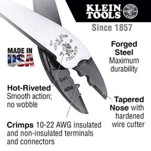 Klein Tools J1005 Crimping and Cutting Tool, Tapered Nose for 10 to 22 AWG Solderless Terminals and Connectors