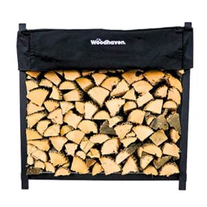 woodhaven black 4 foot - heavy duty made in usa - indoor outdoor - 1/4 cord firewood storage log rack with seasoning cover combo set - metal log storage - 48” x 48”