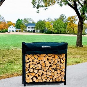 Woodhaven Black 4 Foot - Heavy Duty Made In USA - Indoor Outdoor - 1/4 Cord Firewood Storage Log Rack With Seasoning Cover Combo Set - Metal Log Storage - 48” x 48”