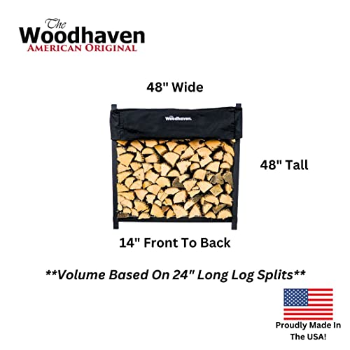 Woodhaven Black 4 Foot - Heavy Duty Made In USA - Indoor Outdoor - 1/4 Cord Firewood Storage Log Rack With Seasoning Cover Combo Set - Metal Log Storage - 48” x 48”