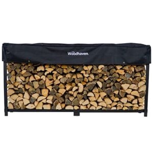 woodhaven 8 foot 1/2 cord firewood log rack with optional cover - made in usa - outdoor use lifetime structural warranty - black texture powder coat finish - made with heavy duty steel