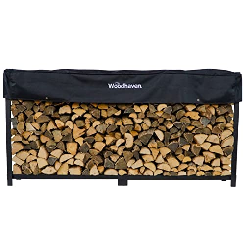 Woodhaven 8 Foot 1/2 Cord Firewood Log Rack With Optional Cover - Made In USA - Outdoor Use Lifetime Structural Warranty - Black Texture Powder Coat Finish - Made With Heavy Duty Steel