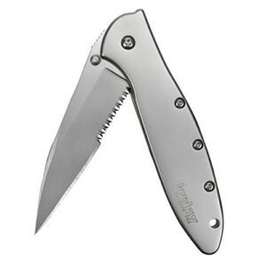 kershaw leek serrated edc pocketknife, 3" sandvik 14c28n steel blade, assisted opening folding knife, dual lock system